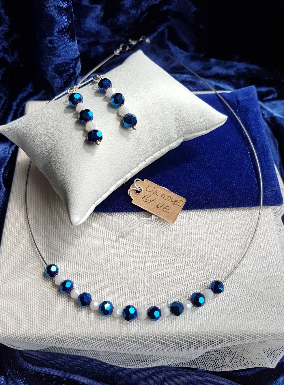 Swarovski Elements Metallic Blue & White Delicate Choker Necklace NEW - Picture 15 of 15